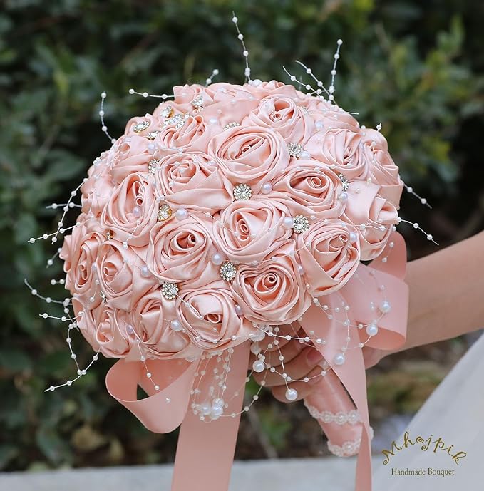 Bridal Wedding Bouquet Round Bling Brooch Bouquet Throw Toss Artificial Rose Flower Bunch for Bride Bridesmaid Wedding Quinceanera(Peach Pink, 9.8")