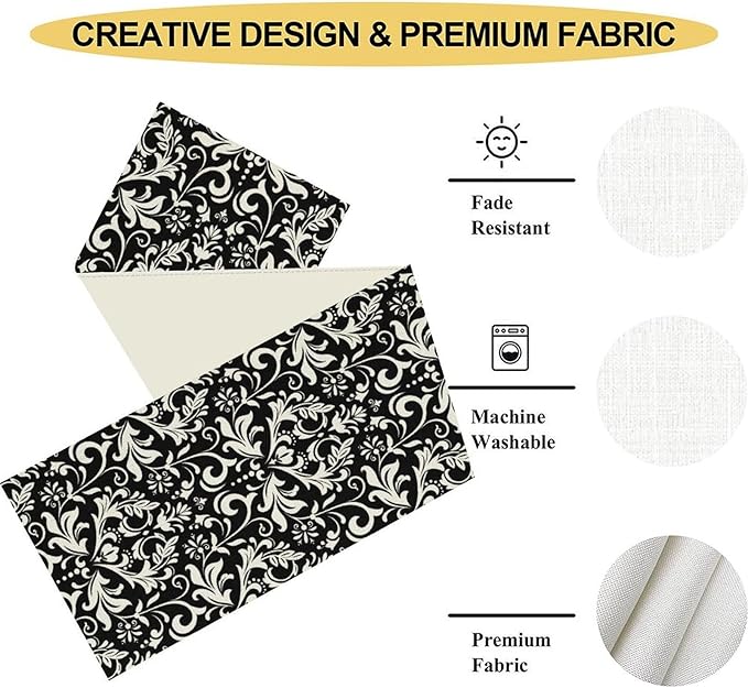 Black Damask Table Runner, Rustic Vintage Floral Antique Victorian Style Print Table Decor for Home Kitchen Dining Patio Holiday Party Indoor Outdoor Table Decorations 13x90 inch