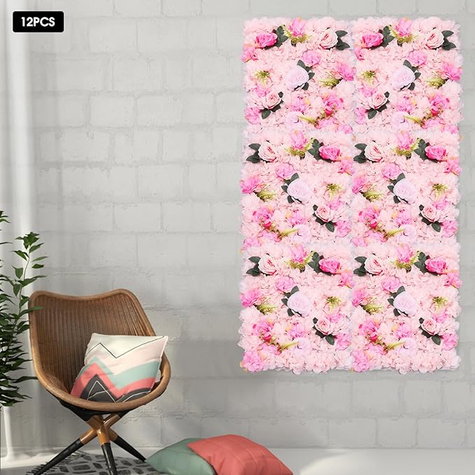 Flower Wall Panel Set,Artificial Wall Flower Backdrop,12 Pcs 23.62 * 15.74in3D Silk Hydrangea Rose Floral Panel,Faux Roses Artificial Flower Backdrop for Wall Decor (12PCS Light Pink)
