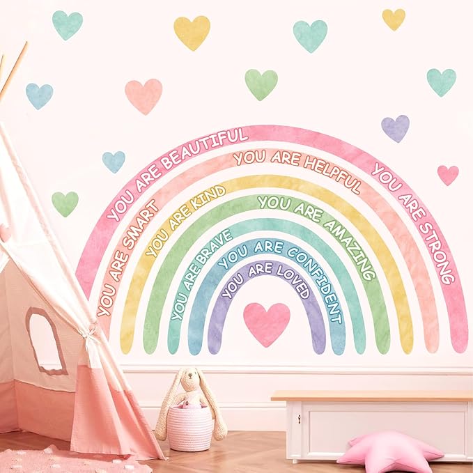 Large Rainbow Wall Stickers Kids Inspirational Wall Decal for Girl Bedroom Peel and Stick Watercolor Rainbow Wall Decals Pastel Pink You are Decor Vinyl Positive Art Murals for Baby Bedroom Playroom