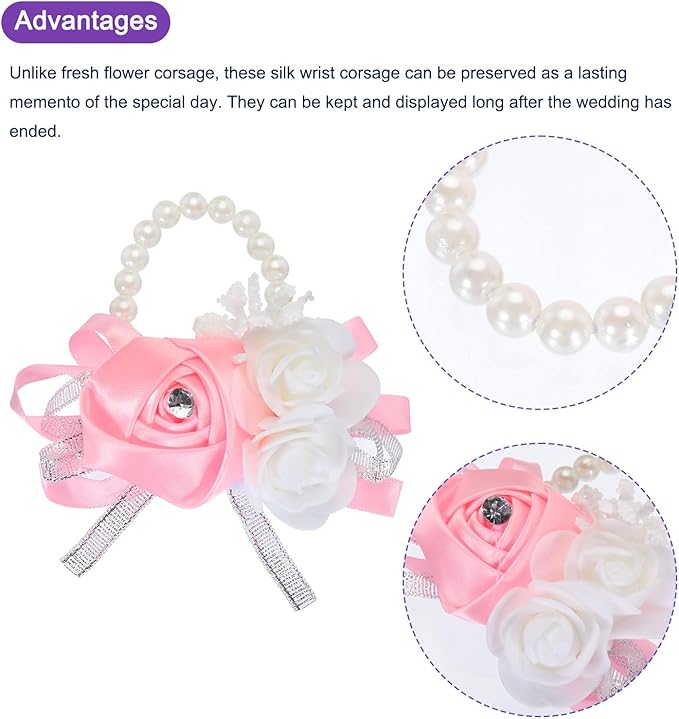 MECCANIXITY 6Pcs Wrist Corsage Artificial Flower Bracelets Rose Wrist Bride Groom Decorative for Wedding Ceremony Prom Party Anniversary Pink