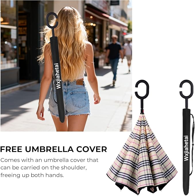 Inverted Umbrella, 49 Inch Double-Layer Vented Reverse Umbrella, Windproof Waterproof UV Protection, Lightweight C-Handle, Fiberglass Ribs, Steel Shaft, Travel/Commute/Car Use, With Sleeve