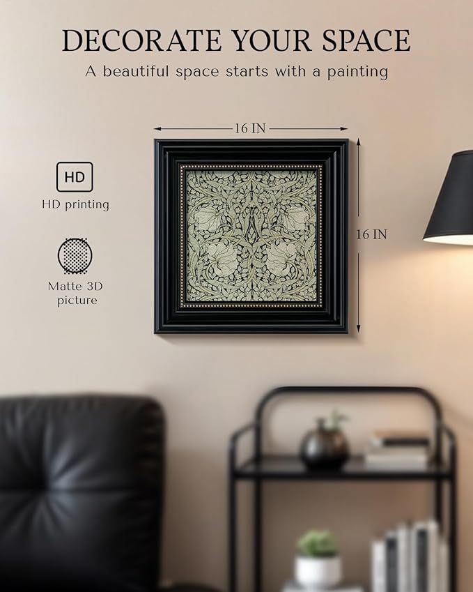 Vintage 3D Textured Floral Pattern Framed Wall Art 16x16, William Morris Inspired Botanical Sandstone Panel Print Square Artwork, Rustic Retro Square Living Room Bedroom Study Gallery Decor