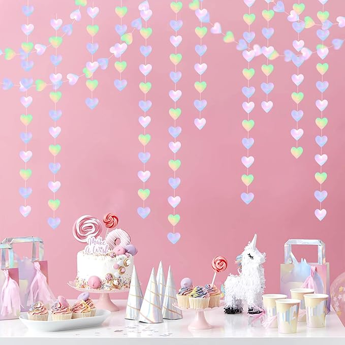 Iridescent Disco-Holographic Heart Garland - 52Ft Wedding Hanging Decoration Neon Streamers Banner, Perfect for Bridal Shower, Birthday, Baby Shower, Engagement, Valentines Day Decor