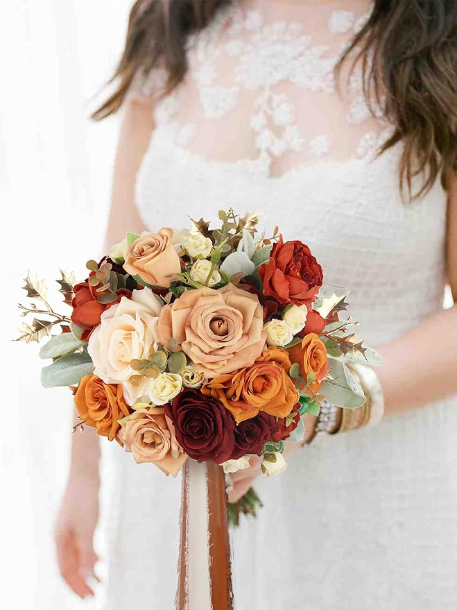 Rinlong 9" Wide Burnt Orange Wedding Bouquet for Bride Rustic Terracotta Artificial Flowers Bridal Bridesmaid Bouquet Prom
