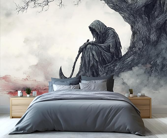 KIREUPA Grim Reaper Sitting Tree Wall Mural, Gothic Death 3d Wall Murals, Gothic Halloween Themed Wallpaper Mural, for Living Room Bedroom Large Wallpaper Indoor Decor 78.7" W x55.1 H