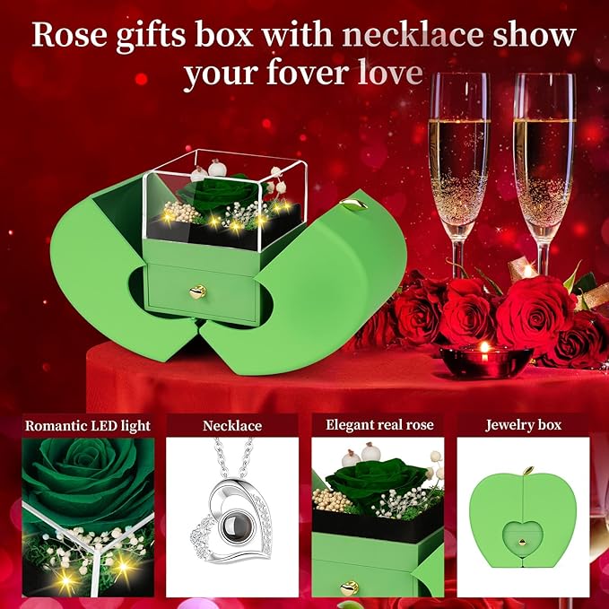 Preserved Green Real Rose with I Love You Necklace, Eternal Flowers Rose Birthday Gifts for Women Her Mom Wife Girlfriend Grandma Christmas on Valentines Mothers Day Anniversary Romantic-Green