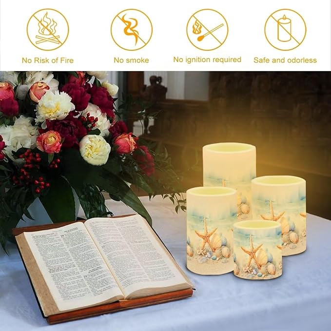 Flameless Candles Battery Powered LED Candles with Remote Timer Color Changing Control Long Lasting for Indoor Outdoor Home Coastal Decoration Pack of 4, Starfish Seashell Painting