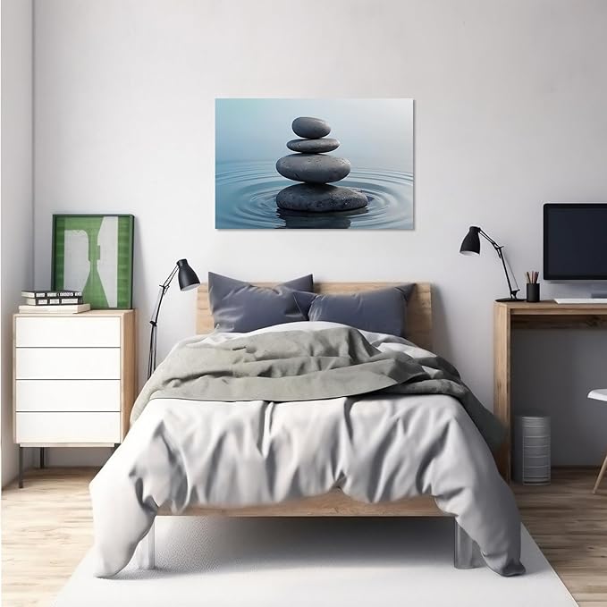 Zen wall art Harmonious grey stones stacked on a calm surface of water Serene Zen decor suitable for tranquil homes and spaces of meditation 24x36in Frameless