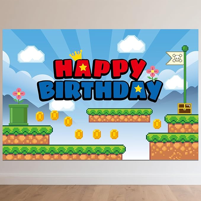 Cartoon Happy Birthday Backdrop, 150 * 100cm/5 * 3ft Video Game Themed Birthday Banner Cute Wall Hanging Decoration for Party Celebration Supplies