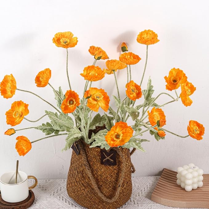ASTRYAS 8 Stems Artificial Flowers Fake Faux Poppy Silk Bouquet Orange Flowers for Wedding, Home, Party Decoration,Table Centerpiece Arrangement(8, Orange)
