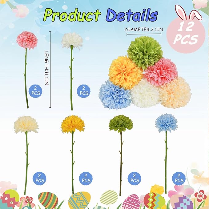 Tinsow 12 pcs Artificial Flowers Easter Faux Ball Chrysanthemum Bouquet Flowers Wedding Bouquet for Spring Home Garden Party Wedding Decoration (Mixed Color)
