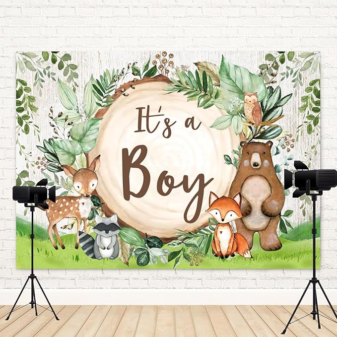 10x6.5ft Woodland Baby Shower Backdrop It's a Boy Photography Background Jungle Green Grass Safari Animals Bear Fox Baby Boys Party Banner Decorations Newborn Portrait Photo Booth Prop