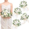 TINGE TIME 7" Bridesmaid Bouquet Set of 4, Wedding Bouquets for Bridesmaid, Perfect for Wedding Bouquets for Bride, Ideal for Bridal Shower, Rehearsal Dinner, Vintage Party (IvoryWhite&Eucalyptus)
