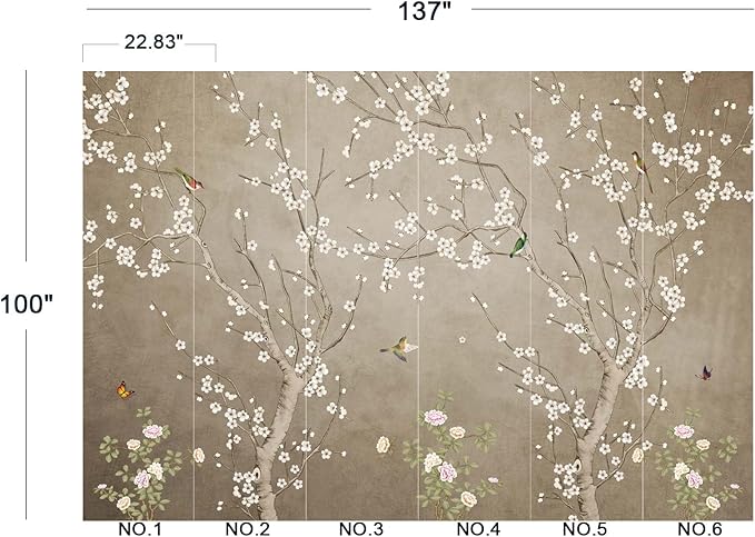 Plum Blossom Flower Bird Chinoiserie Wall Mural Wallpaper for Bedroom 137" x 100"