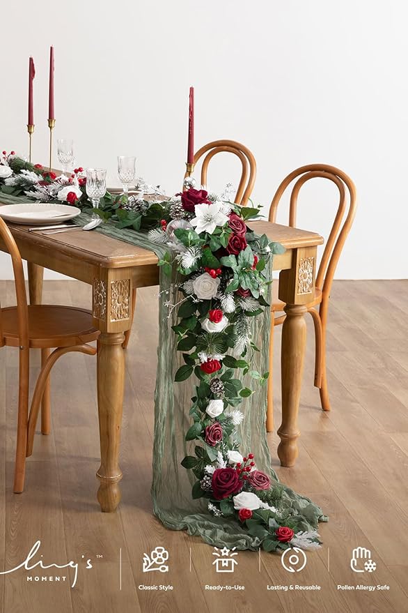 Ling's moment Christmas Eucalyptus Garland with Flowers 6FT，Table Runner with Flowers Marsala Mantle Decor Handcrafted Wedding Centerpieces for Rehearsal Dinner Bridal Shower | Red & White