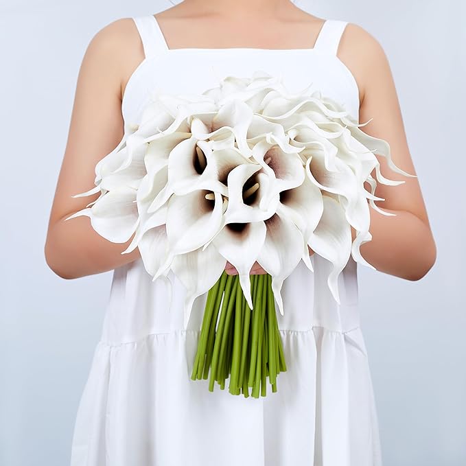 SITUMEIZI 24 PCS Artificial Calla Lily Fake Flowers Silk Flower Real Touch for Home Kitchen Decor Wedding Bouquet Office Decoration(Black & White)