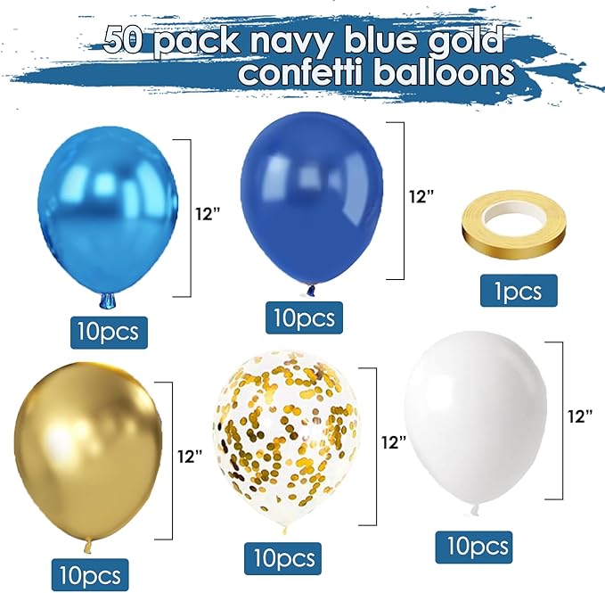 Navy Blue and Gold Confetti Balloons, 50pcs 12 Inch Metallic Blue Latex Confetti Balloons Matte White Latex Balloons with 33 Feet String for Birthday Wedding Gender Revea Decorations
