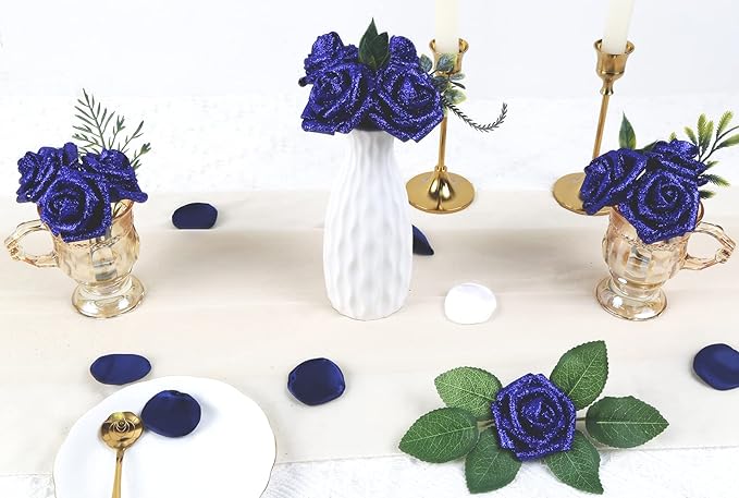 IPOPU Foam Roses,50pcs Royal Blue Glitter Roses Glitter Flowers Foam Flowers with Stem for DIY Wedding Bridal Bouquet Home Party Decoration(Royal Blue)
