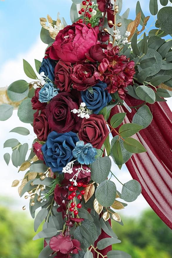 ponatia Artificial Wedding Arch Flowers Kit(Pack of 3), Burgundy Flowers with 26Ft Shiny Arch Draping Fabric, Navy Arch Flowers for Wedding Decoration, Wedding Ceremony Reception Backdrop Decorations