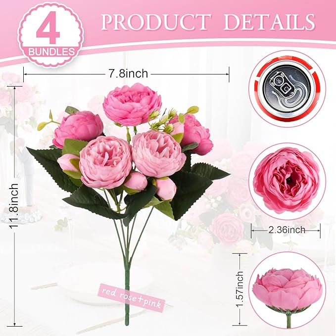 DEEMEI Artificial Peony Flower Silk Peonies Bouquet 4 Bundles Fake Flowers Bulk for Home Wedding Party Decor (Rose Red+Pink)