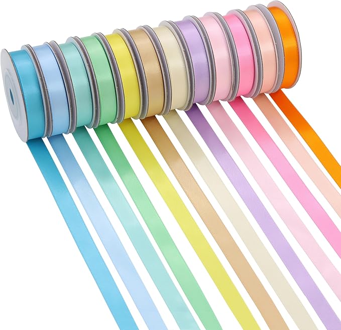 12 Rolls Pastel Rainbow Ribbon 3/8" X 60 Yards Thin Double Face Satin Ribbon Assortment for Crafts, Wreath, Gift Wrapping, Birthday Baby Shower Party Decoration and DIY Handmade Hair Bows