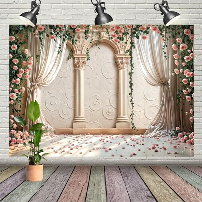 Wedding Party Backdrop, Floral Grass Wall White Sheer Curtain Flower Arch Photography Background, Greek Rose Wall Arch Lover Marriage Proposal Bridal Reception Photo Booth Props Banner 20x10ft