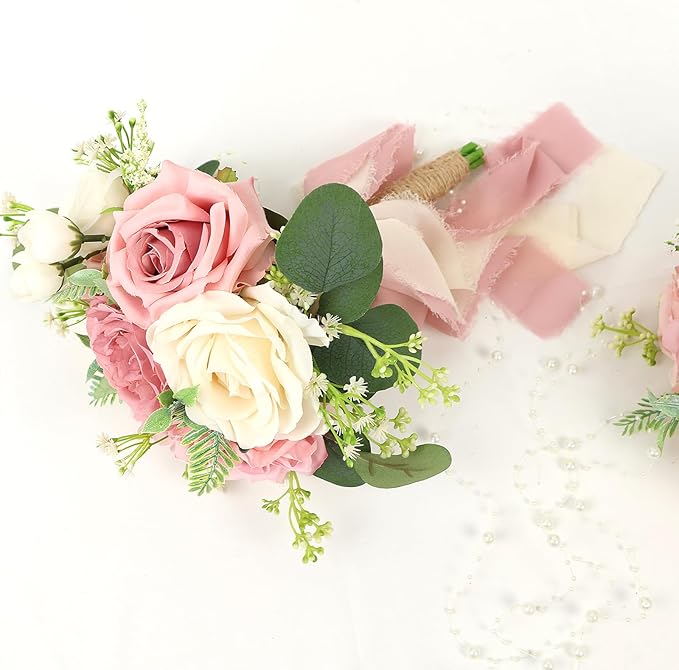 Set of 6 Wedding Bridesmaid Bouquets - 7 Inch Artificial Flowers Bouquets for Ceremony Anniversary Centerpieces Decorations - Pink & White