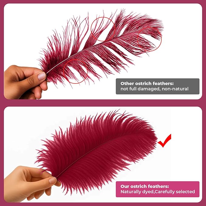 Piokio 20 pcs Claret Ostrich Feathers 12-14 inch(30-35 cm) Bulk for Wedding Party Centerpieces,Gatsby Decorations and DIY Clothes Decoration