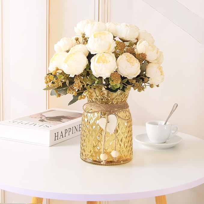 Fake Flowers in Vase,Fake Flowers with Vase 21 Pcs Faux Peony Flowers,Artificial Flowers for Home Decor, Indoor Centerpiece for Living Room & Dining Table (White)