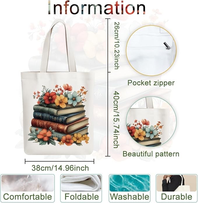ANATTASOUL Canvas Tote Bag Flower Reusable Cotton Bag for Women, Durable Cloth Shoulder Bags with Zipper Pockets for Shopping, Vacation, Work, Gym