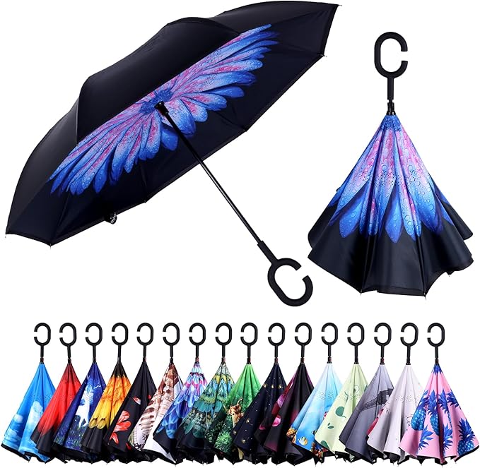 Inverted Umbrella, 49 Inch Double-Layer Vented Reverse Umbrella, Windproof Waterproof UV Protection, Lightweight C-Handle, Fiberglass Ribs, Steel Shaft, Travel/Commute/Car Use, With Sleeve