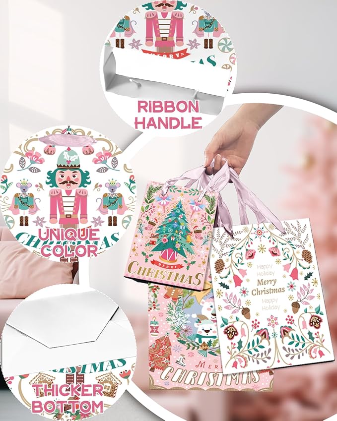 qiqee 10PCS Christmas White Gift Bags with Pink Polar Bear Design(2PCS Large 5.5"x10.2"x13", 4PCS Medium 4.3"x 7.7"x 9.6", 4PCS Small 2.4"x 4.7"x 6.3", 30PCS Tissue Paper included)