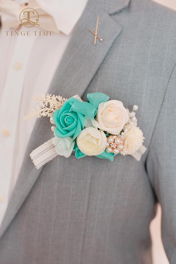 TINGE TIME Boutonniere for Men Wedding,Groom and Best Man Boutonniere for Wedding, Prom, Homecoming, Anniversary, Graduation, Christmas Dinner (1, Teal Blue & Champange)