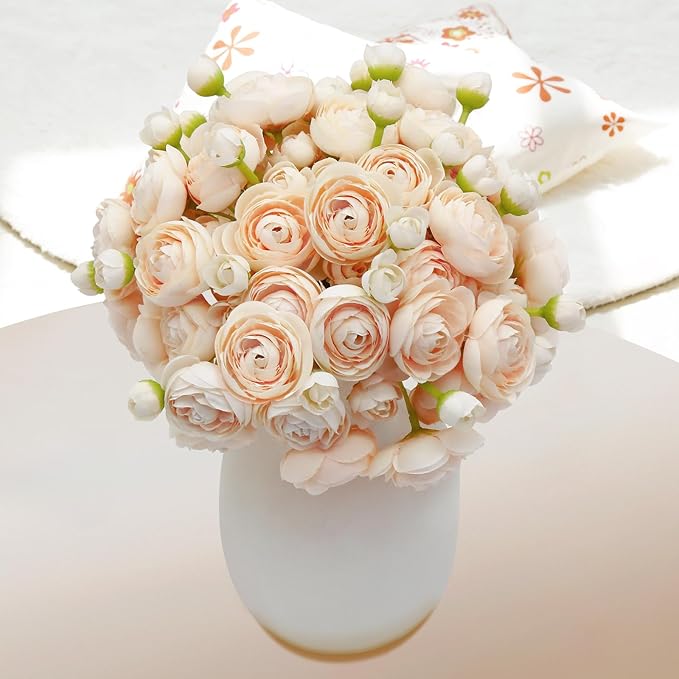 24 Pcs Ranunculus Artificial Flowers 10.5", Mini Faux Silk Ranunculus with Stem, Fake Flowers for Home Decor Indoor Wedding Bouquets Centerpieces (Champagne)