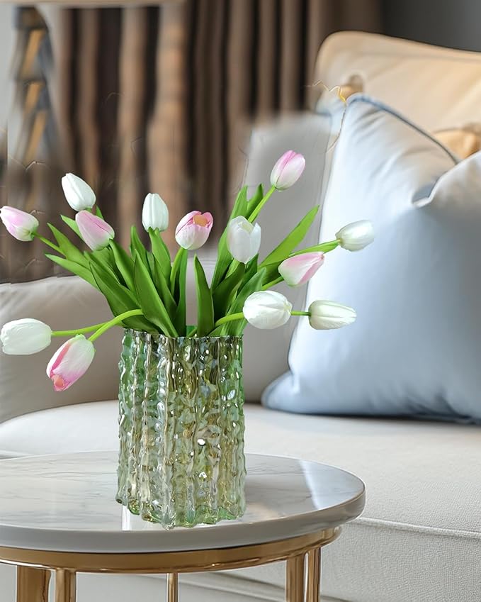 12pcs Tulips Artificial Flowers Real Touch Silk Faux Flowers Tulip Stems for Wedding Spring Bouquet Floral Arrangement Home Party Office Decorations (White & Pink)