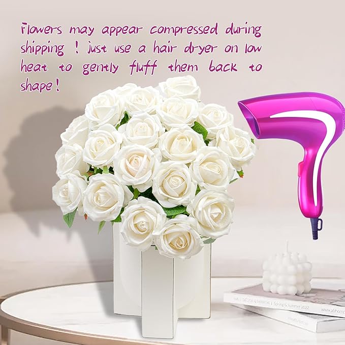 20 Pcs Artificial White Roses, Real Touch Silk Flowers for Wedding, Home Décor, Centerpieces, Bouquets & Valentine’s Day Arrangements (20, White)