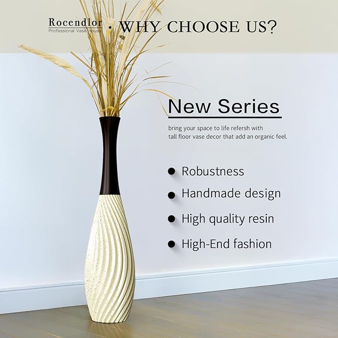 23.6 Inch Cream Tall White Vases – Brown Neck Teardrop Vase with Textured Vertical Lines & Speckled Finish, Decorative Floor Vase for Living Room, Wedding, Boho Home Decor – Resin Tall Vases