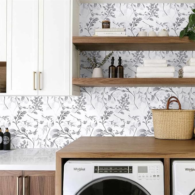 Orainege Gray Peel and Stick Floral Wallpaper Self Adhesive Contact Paper Waterproof 17.7 in x 196.8 in Removable Wallpaper for Bedroom, Bathroom, Cabinets