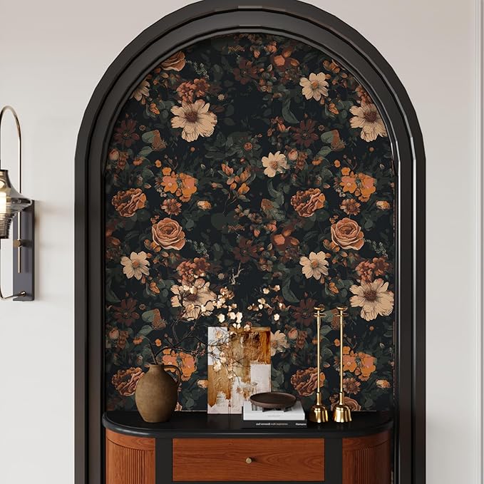 VEELIKE Vintage Floral Wallpaper Prepasted Moody Dark Floral Peel and Stick Wallpaper for Bedroom Powder Room 17.7''x354'' Removable Renter Friendly Wall Paper Flower Contact Paper for Cabinets Walls