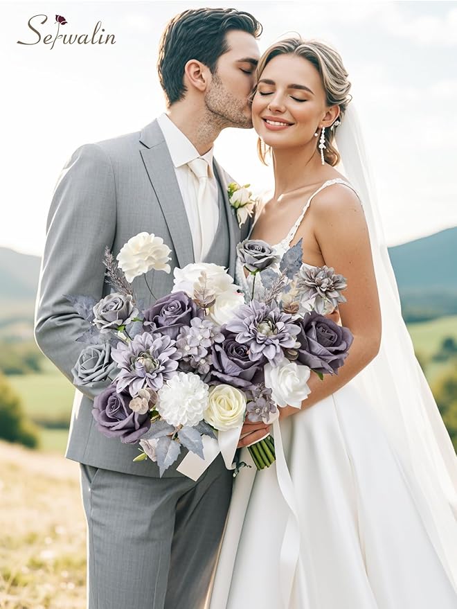Serwalin Grey Artificial Flowers, Silk Fake Flowers for DIY Wedding Bridal Bouquets, Wedding Cake Flowers for Table Centerpieces Baby Shower Birthday Party Home Decorations