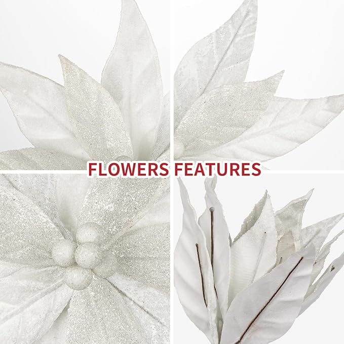 Hollyone 3PCS Poinsettia Christmas Flowers Artificial 11" Large Velvet White Glitter Poinsettia Flowers Christmas Tree Ornaments Floral Picks for Tree Wreath Garland Vase Table Centerpiece Home Decor