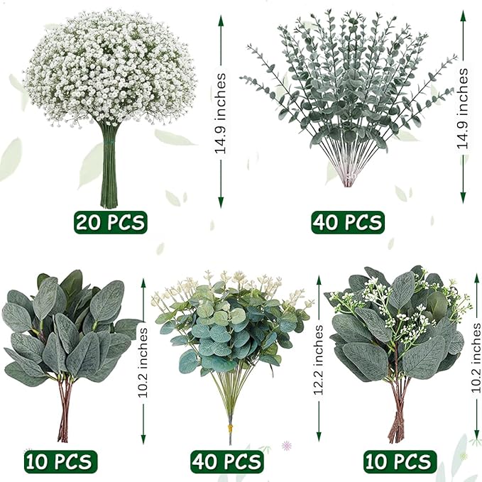 120 Pcs 5 Mixed Eucalyptus Greenery Stems Artificial Baby Breath Flowers Bulk Eucalyptus Leaves Bundle Faux for DIY Wedding Decoration Bouquets Home Arrangement Floral Vase Decor