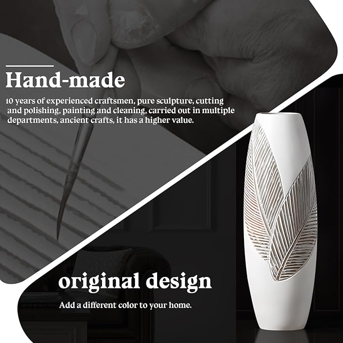Modern Large Floor Vase White Home Decor Flower Vases 17.7 Inch Tall Resin Vase Tree Leaf Texture Decor Vases for Entryway Living Room Mantel