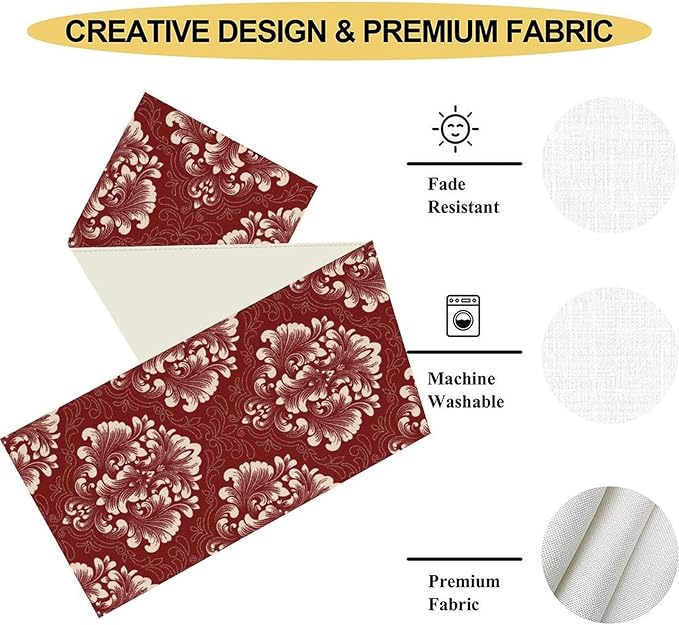 Vintage Damask Table Runner, Red Classical Luxury Old Fashioned Damask Royal Victorian Flora Print Table Center Decor for Family Kitchen Table Decorations Indoor Outdoor 13x90 inch