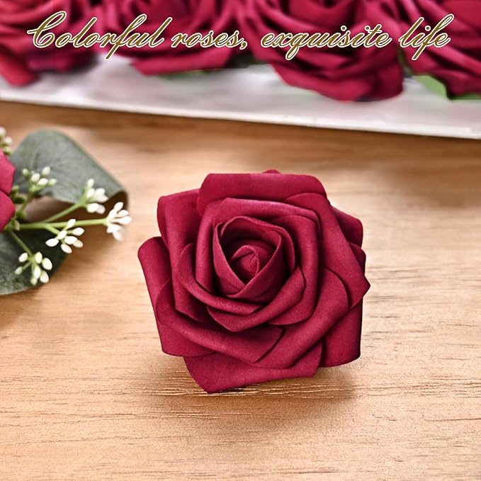 BLEUM CADE 36Pcs Artificial Flowers Fake Roses with Stems, Burgundy Boxed Foam Roses for DIY Bouquets Centerpieces Wedding Party Arrangement Bridal Shower Decor