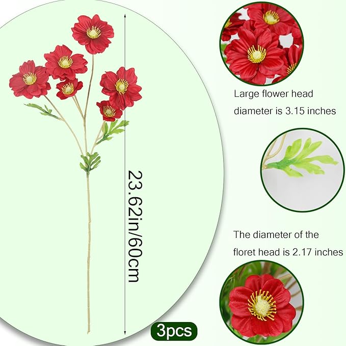 5 Pcs Artificial Flowers with Stems Faux Daisy Flowers Bouquet Red Gardenia Silk Flowers for Home Decor Indoor Vase Outdoors Balcony Table Centerpiece Outside Floral Arrangements Wedding