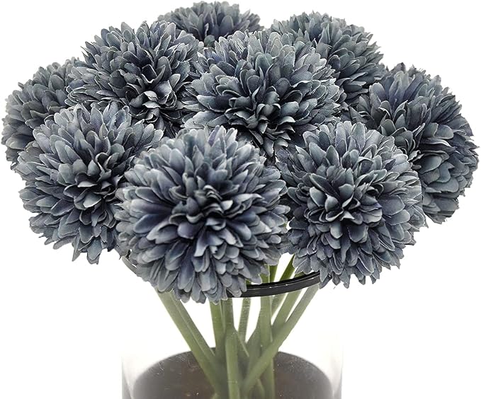 10Pcs Artificial Fake Flower Plants Silk Chrysanthemum Ball Hydrangea Arrangements Wedding Bouquets Decor Home Kitchen Garden Party Table Floral Centerpieces DIY (Gray)