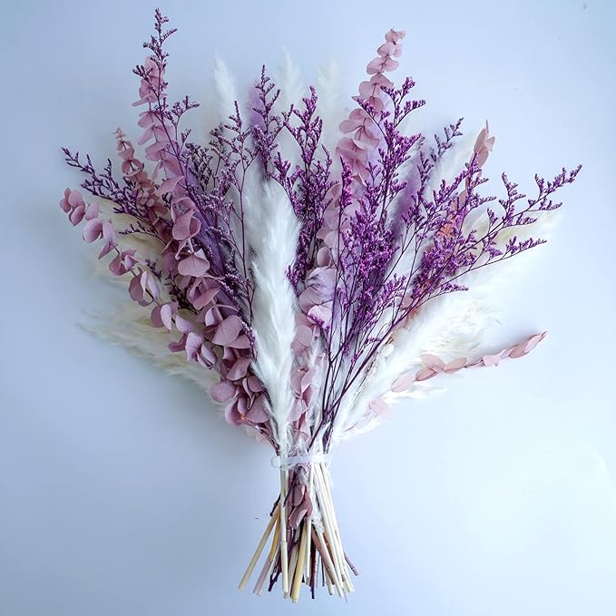 MUYEJI Natural Dried Flowers Pampas Grass Bouquet, Boho Home Table Decor, White & Purple Pampas Grass, Fluffy Dried Flower Arrangement for Table Centerpiece, Home Office Wedding Decorations