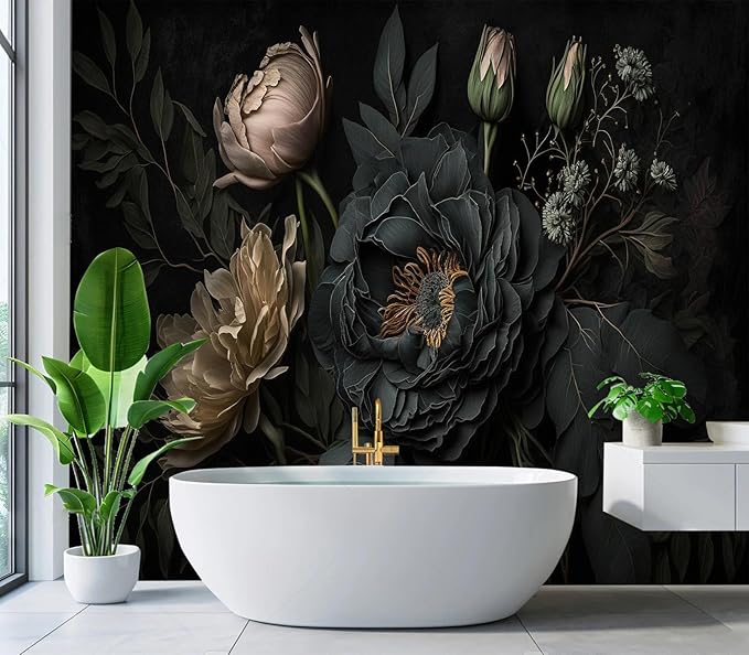 Eierme-Mysterious Black Peony Mural Wallpaper Peel and Stick 90" x 67"
